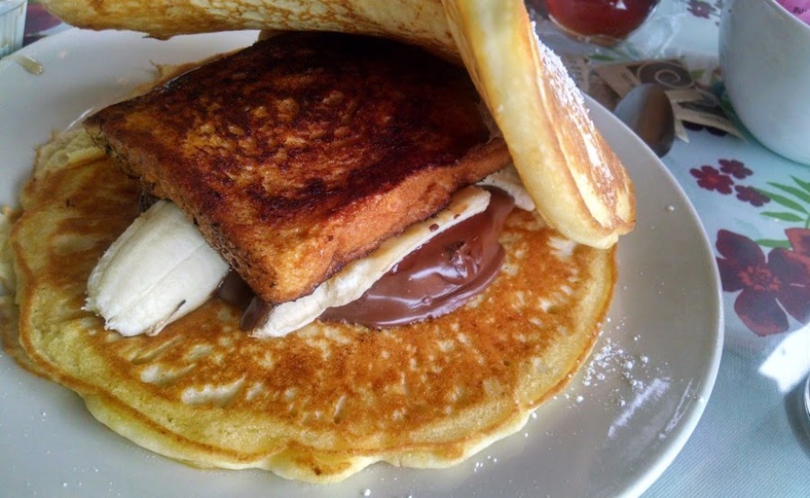 And this is what my breakfast looked like on another morning.  French toast with Nutella and banana wrapped in a pancake!