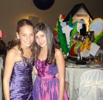 Bat Mitzvah Girl Rachel and Hannah at the celebration last weekend!  Notice the camp centerpiece!