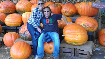 Me and Jaime with some massive pumpkins.  We bought a much smaller one for our house!