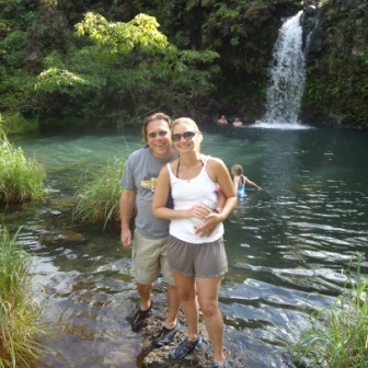 Me and Jaime in Maui stop off on the Road to Hana to take a kick dip in the waterfall-fed spring.