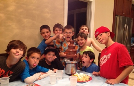 Is that a chocolate fondue fountain?  The Boys of Bunk 4 from Summer 2013 get ready to attack it!  Pictured here are Damian Stellings, Brett Wolin, Andy Rhodes, Max Selver, Logan Robinson, Jason Waldman, Justin Nikpour, Jack Cohen, Landon Kratchman and Jesse Shogan.  Noah Kaller was not able to attend.