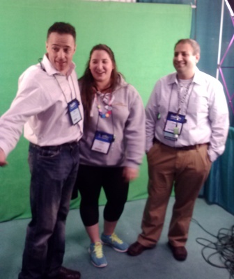 Canadensis Today Show hosts Cara and Eric meet with weatherman John Marshall in front of the green screen.